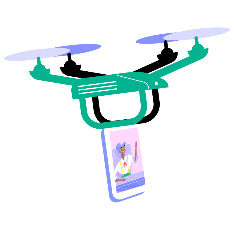 Mentorly mentor matching - illustration of drone carrying smartphone displaying user profile